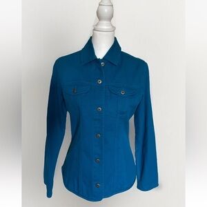 Chicos Women Jacket Denim Cyan Blue Jean Sz 0 (US Sz S/4) Casual Collared